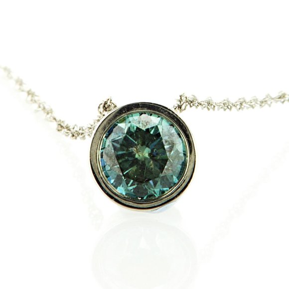 Diamond Bezel Pendant Fancy Turquoise Round Shape 14K White Gold 0.95 Carat - Picture 8 of 8